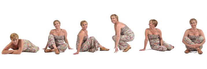 same adult woman sitting, squating and lying on tre floor on white background - obrazy, fototapety, plakaty