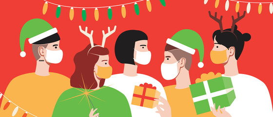 Fototapeta na wymiar Christmas party, people in lockdown covid, flat vector stock illustration with friends in face masks for protecting covid virus at a party in christmas