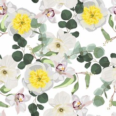 Greenery seamless pattern with eucalyptus branch and white orchid peony magnolia flowers for wedding card, fabric, textile, wrapping. Watercolor style illustration on white background.