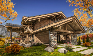 3d rendering of modern cozy chalet with pool and parking for sale or rent. Beautiful forest mountains on background. Massive timber beams columns. Clear sunny autumn day with golden leaves anywhere.