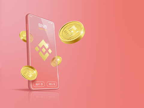 Trade Binance (BNB) on mobile through the system Cryptocurrency. Perspective Illustration about Crypto Coins.
