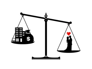 love vs money concept image. loving couple, money, car and building on the scale vector illustration