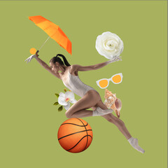 Creative composition in magazine style with dancing ballerina and different attributes over olive...