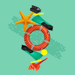 Snorkeling, diving. Creative static composition with flippers, swimming circle over pastel green...