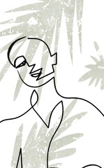 Minimal portrait silhouette of abstract proud girl drawn by black waxy line and green palm leaves on the background drawn with muted grunge texture. Natural and simple line art. Cubist style.