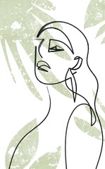 Abstract minimal portrait silhouette of woman in half turn drawn by black line and green palm leaves on the background drawn with muted grunge texture. Cubist style. Natural and simple line art. 