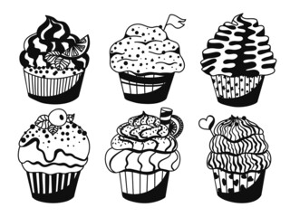 Black and white muffins set with different decoration: cream, topping, berries, citrus, candle. Collection of cute hand drawn desserts. Vector illustration on white background.