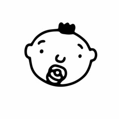Doodle baby with pacifier face. Hand-drawn little child isolated on white background. Human Avatar. Cartoon kid. Infant with nipple portrait. Vector birthday, Gender party, baby shower illustration