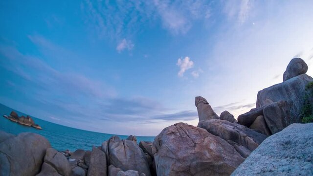 4k timelapse Lightning stike and clouds move over the Hinta Hinyai rock beach Koh Samui ,Suratthani ,thailand
