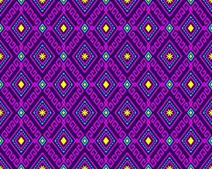 Magenta Turquoise Tribe or Ethnic Seamless Pattern on Purple Background in Symmetry Rhombus Geometric Bohemian Style for Clothing or Apparel,Embroidery,Fabric,Package Design