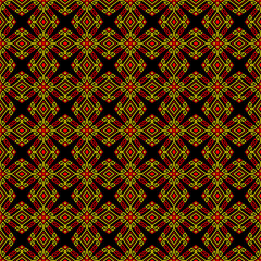 Yellow Red Tribal or Native Seamless Pattern on Black Background in Symmetry Rhombus Geometric Bohemian Style for Clothing or Apparel,Embroidery,Fabric,Package Design