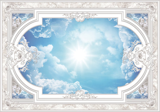 3-D ceiling painting in Classic style, the arch of the main hall, stucco white ornaments, white angels, sun and clouds in the blue sky