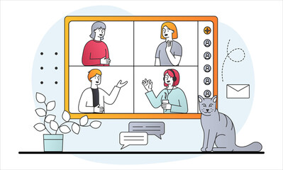 Male and female characters attending online meeting via video conference. Group of people talking in internet, web chatting. Concept of stay home safe, quarantine. Flat cartoon vector illustration
