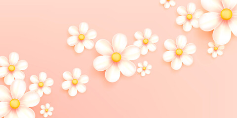 Fototapeta na wymiar Soft pastel background with 3d realistic chamomile or daisy flower, diagonal stripe of blossom