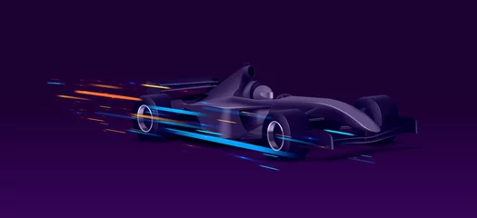 Foto op Canvas Webbanner met super auto sport bolide, zwarte auto in beweging met felle snelheidslichten op donkere achtergrond, grafisch element © marynaionova