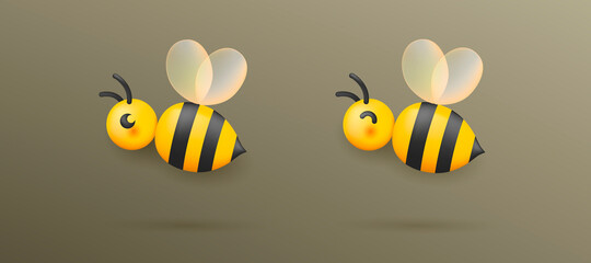Vector illustration of the bee with transparent wings, glossy cartool icon