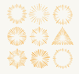 Sunburst drawing set vector. Retro design. Rays light burst line shine sunshine 