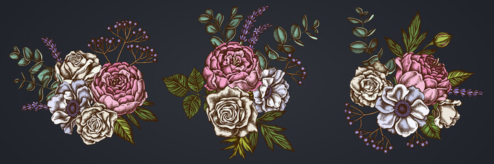Flower bouquet of colored roses, anemone, eucalyptus, lavender, peony, viburnum