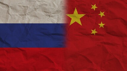 China and Russia Flags Together, Crumpled Paper Effect Background 3D Illustration