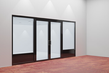 Obraz premium An empty storefront of shop. Design with black aluminuin and glass red floor. 3D Illustration Rendering.