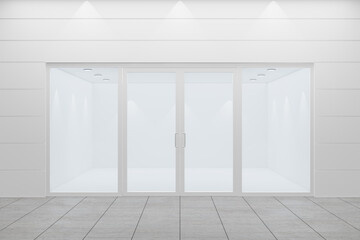 Front view of an empty storefront of shop. Design with white aluminuin and glass. 3D Illustration Rendering.