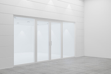 An empty storefront of shop. Design with white aluminuin and glass. 3D Illustration Rendering.