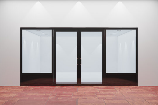 Front view of an empty storefront of shop. Design with black aluminuin and glass red floor. 3D Illustration Rendering.