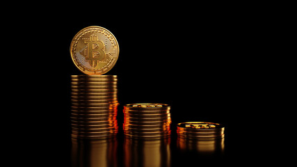 Bitcoin golden coin with gold. Digital currency. Cryptocurrency concept. Money and finance symbol. Crypto illustration. 3D rendering.