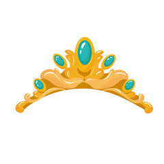 Gold diadem with turquoise stones. Hair ornament. Jewelry in cartoon style. Vector illustration isolated on white background.
