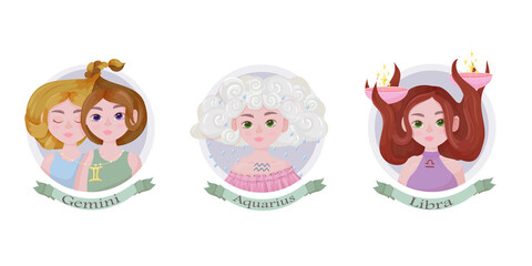 Zodiac sign as a beautiful girl with lush hair. Set of bright signs of the zodiac. Horoscope. Astronomy. Vector illustration isolated on white background.