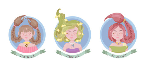 Zodiac sign as a beautiful girl with lush hair. Set of bright signs of the zodiac. Horoscope. Astronomy. Vector illustration isolated on white background.