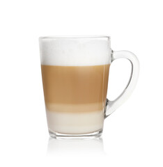 Hot coffee with milk in glass cup isolated on white