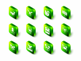 Set Rabbit head, Swan bird, Zoo park, Head of goat or ram, Crab, Dog bone, Cute panda face and Whale tail in ocean wave icon. Vector © Vadim