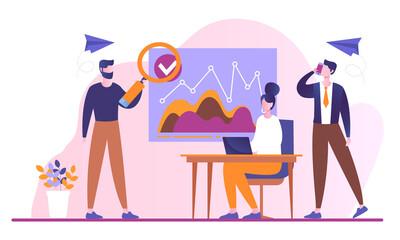 Male and female characters are attending business meeting in office. Concept of team meeting and teamwork, discussion of the project, prioritization of tasks. Flat cartoon vector illustration