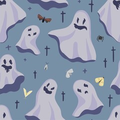 Pretty ghosts. Abstract hand drawn vector seamless pattern. Colored cartoon ornament with flying spirits. Funny Halloween design for print, fabric, textile, background, wallpaper, wrap, card, decor.
