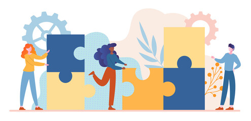Young male and female characters are connecting pieces of puzzles together. Concept of joint teamwork, building a business team. Cooperation and business partnership. Flat cartoon vector illustration