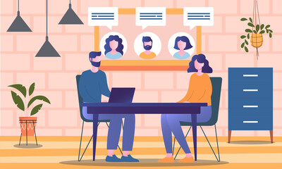 Male and female characters are talking to coworkers remotely online via video call. Concept of video conference and team holding online call. Flat cartoon vector illustration