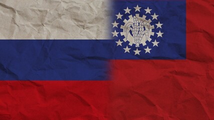 Myanmar Burma and Russia Flags Together, Crumpled Paper Effect Background 3D Illustration