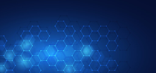 Blue technology background with blue light. Vector abstract background. Background with hexagon texture