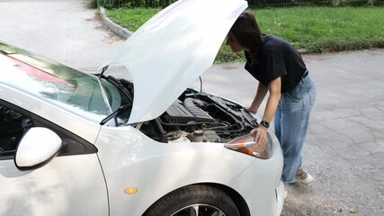 Confused young woman looks at the engine of her car. Car breakdown while traveling.
