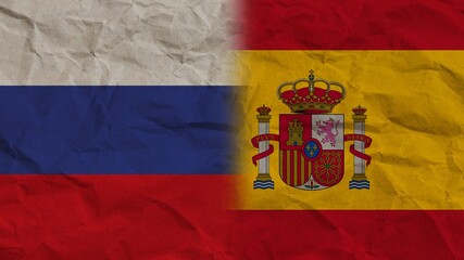 Spain and Russia Flags Together, Crumpled Paper Effect Background 3D Illustration