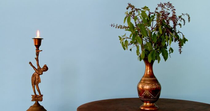 Tulsi (Ocimum Tenuiflorum) flowering plant in decorative metal vase with candle. Holy basil on rotating table.