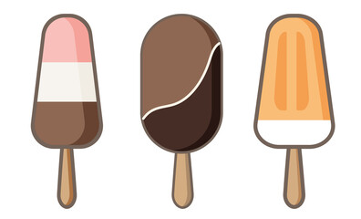 Set of ice cream icons vector doodle illustration. Kids collection of banana, chocolate and strawberry sunblind and popsicle in cone isolated on white background