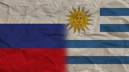 Obraz premium Uruguay and Russia Flags Together, Crumpled Paper Effect Background 3D Illustration