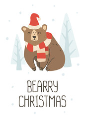 Happy cute christmas bear in hat and scarf. Print for poster, apparel, fabric, paper, card, postcard, notes.