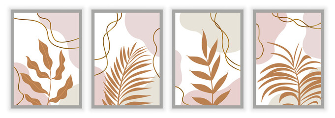 Set of botanical wall art background. Earth tone natural colors foliage line art boho plants drawing with abstract shape. Creative modern floral design. Flat cartoon vector illustration
