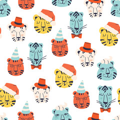 Seamless pattern with cartoon cute tiger cubs. Colored repeating pattern for design.