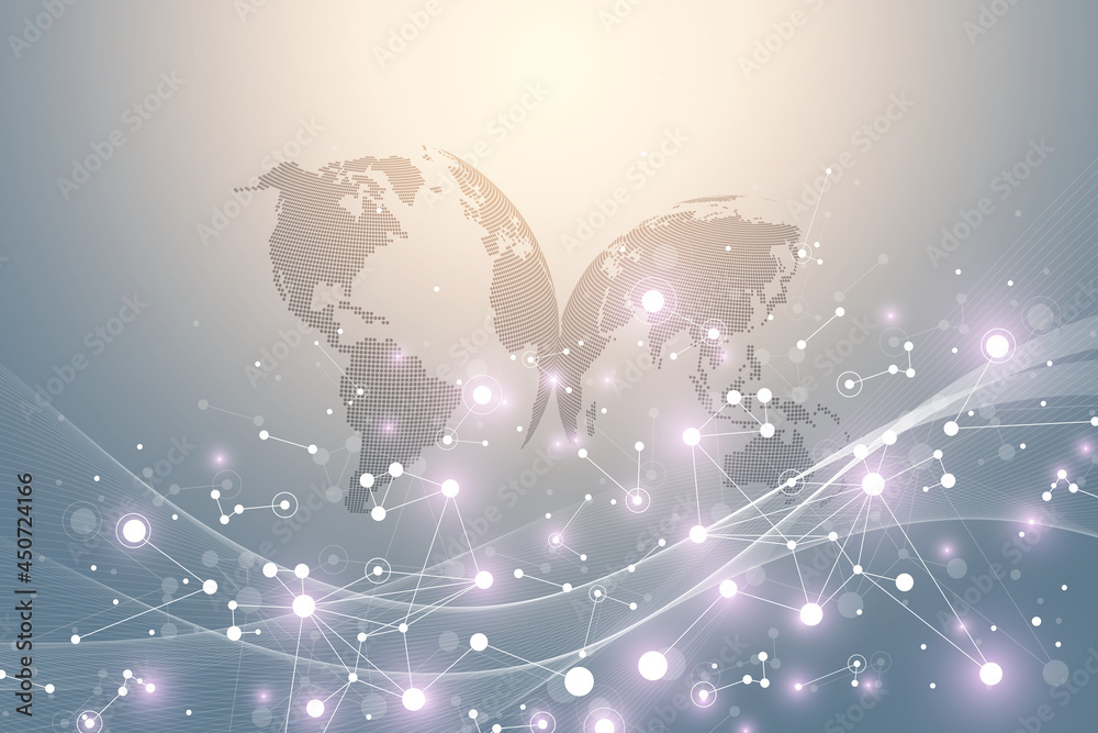Poster World map point with global technology networking concept. Digital data visualization. Lines plexus. Big Data background communication. Scientific illustration.