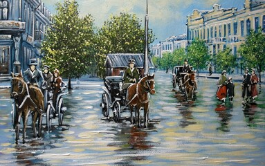 Oil paintings landscape, old city, street in city. Fine art