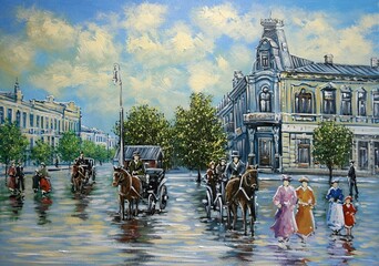 Oil paintings landscape, old city, street in city. Fine art
